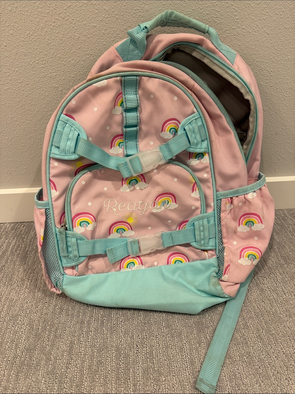 Reagan Kids Pink Rainbow Backpack with Mint Trim